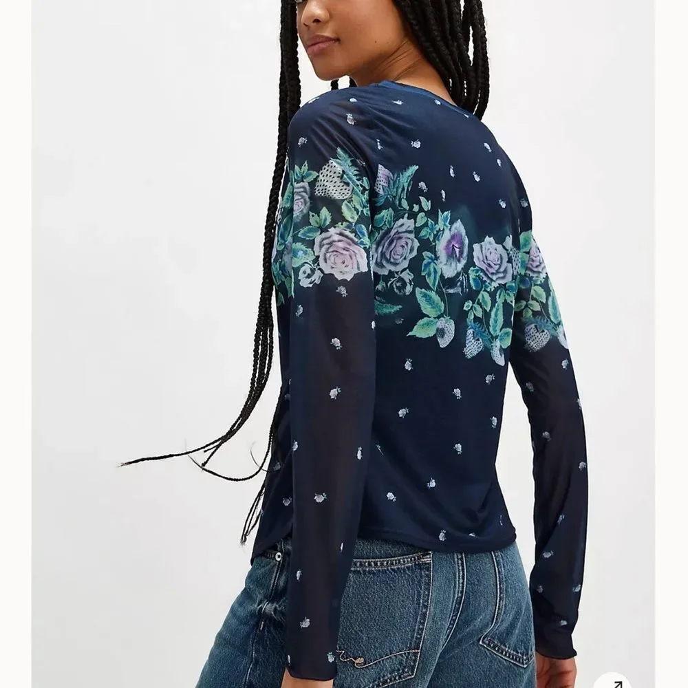 Free people Blue Floral Print Button Down Sheer/Mesh(Size Small)